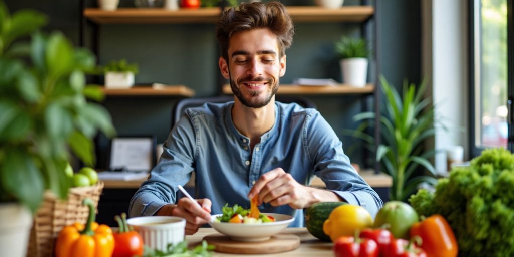 Professional eating healthy food at a desk.