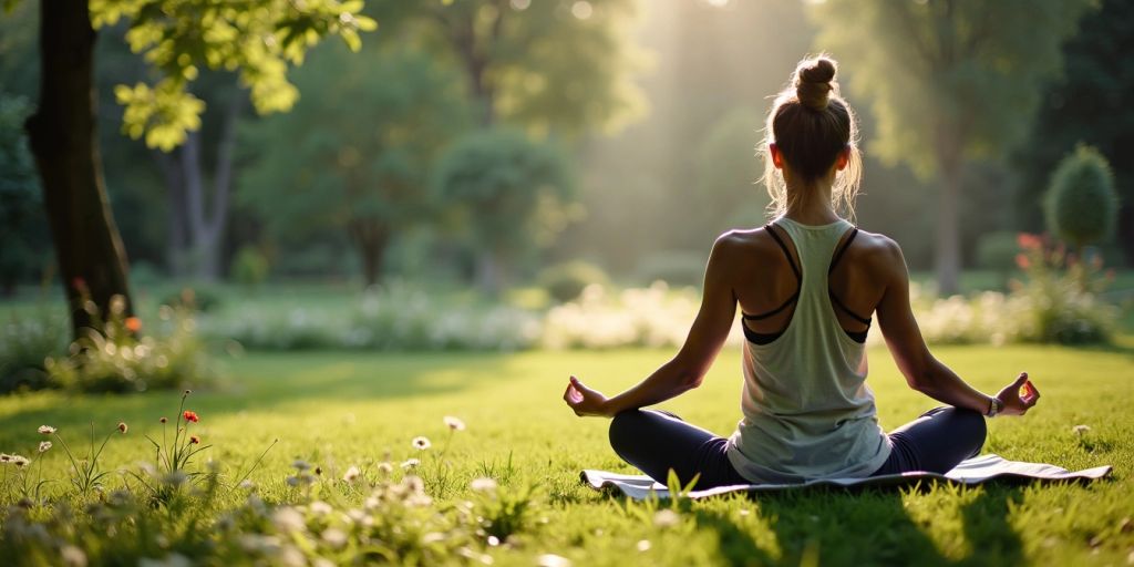 Person meditating in nature, surrounded by greenery.