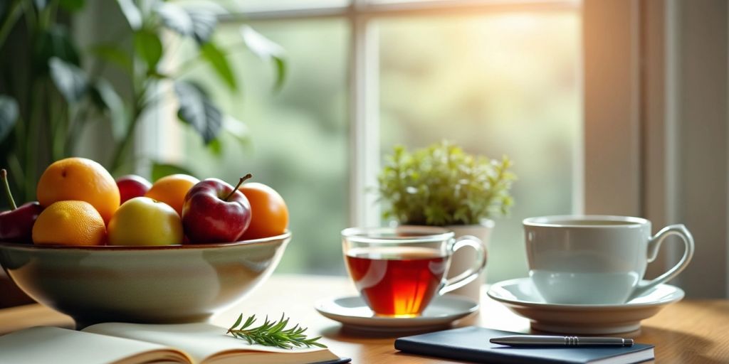 A calming kitchen with fruits and herbal tea.